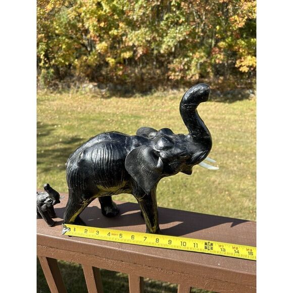 Vintage Leather Wrapped Elephant Statue W Tusks, Trunk Up Black 13”L x 13”H - Picture 9 of 13